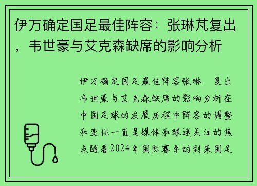 伊万确定国足最佳阵容：张琳芃复出，韦世豪与艾克森缺席的影响分析