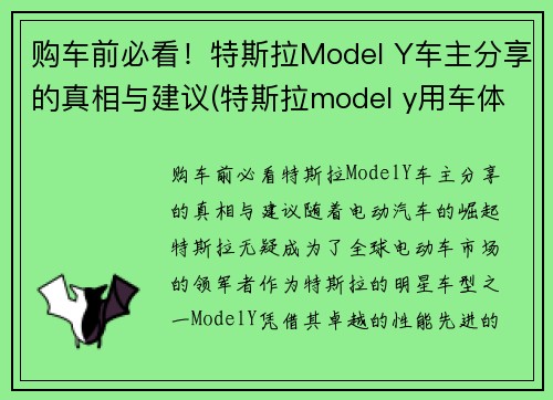 购车前必看！特斯拉Model Y车主分享的真相与建议(特斯拉model y用车体验)